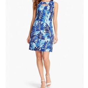 Gabby Skye Tropical Leaf Mini Shift Dress Sz 10 Blue Cutout Sleeveless Sundress